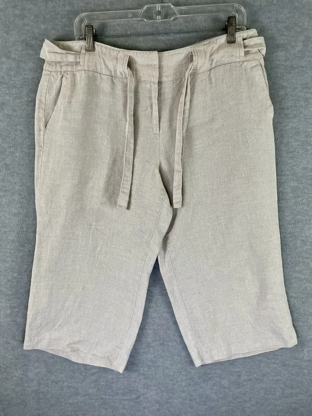 Talbots Petites 14P Pure Irish Linen Beige Cropped Wide Leg Capri Belted Pants